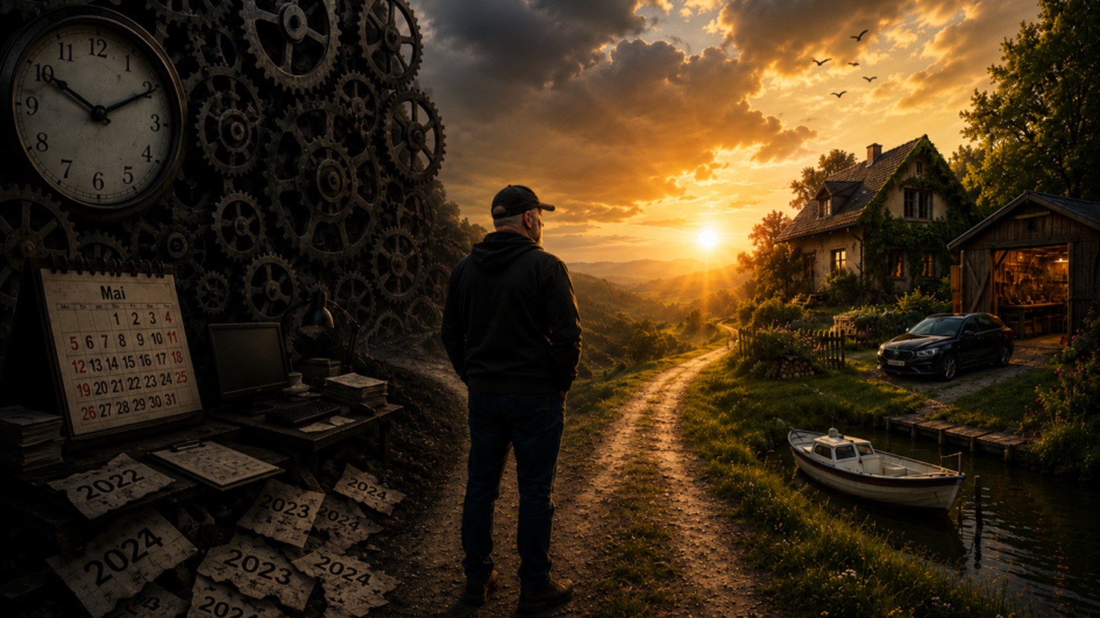 Mann zwischen Zahnrädern und Kalendern mit Blick auf einen sonnigen Weg zu Haus, Auto und Boot