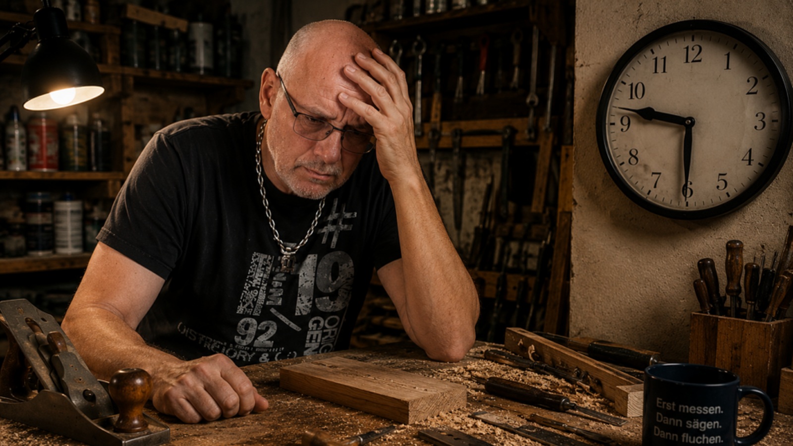 Grübelnder Handwerker in der Werkstatt